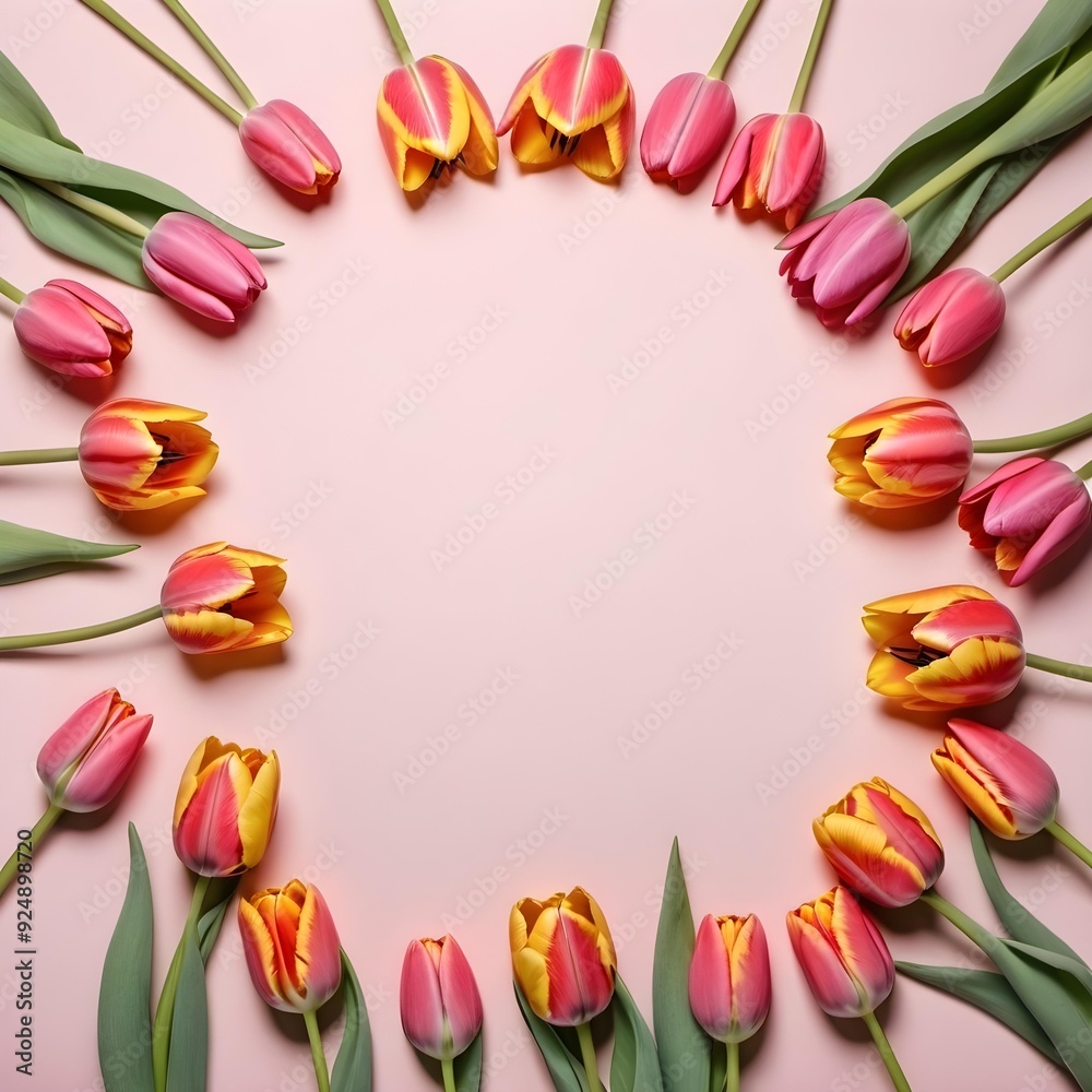 Pink and yellow Tulips Feminine Floral Wallpaper and Greeting Card in Flat Lay Style, Mother's Day Sale, female with empty space. Pink and yellow Tulips Feminine Floral Wallpaper and Greeting Card in Flat Lay Style, Mother's Day Sale, female with empty space.