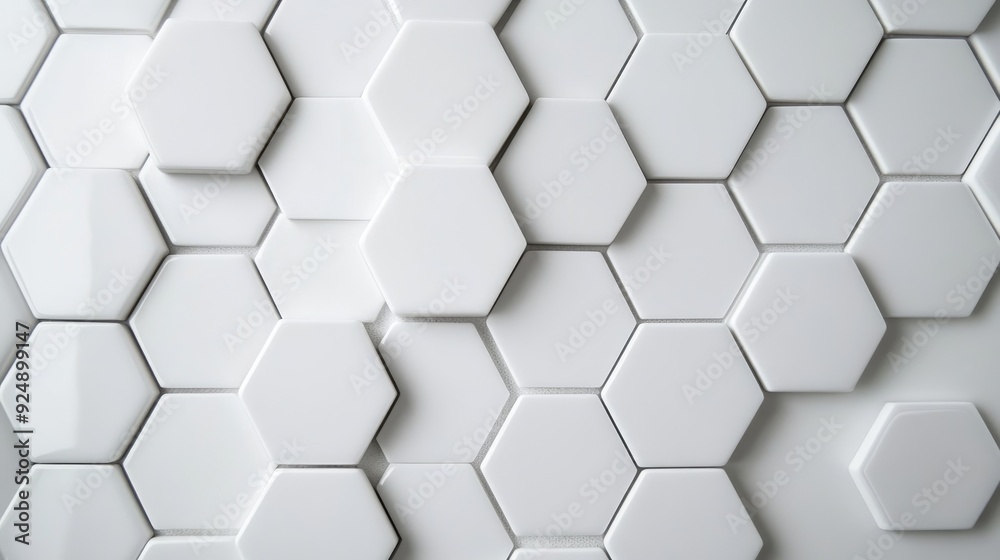 Fototapeta premium White hexagon tiles arranged in a minimalist pattern, offering a clean and simple aesthetic.