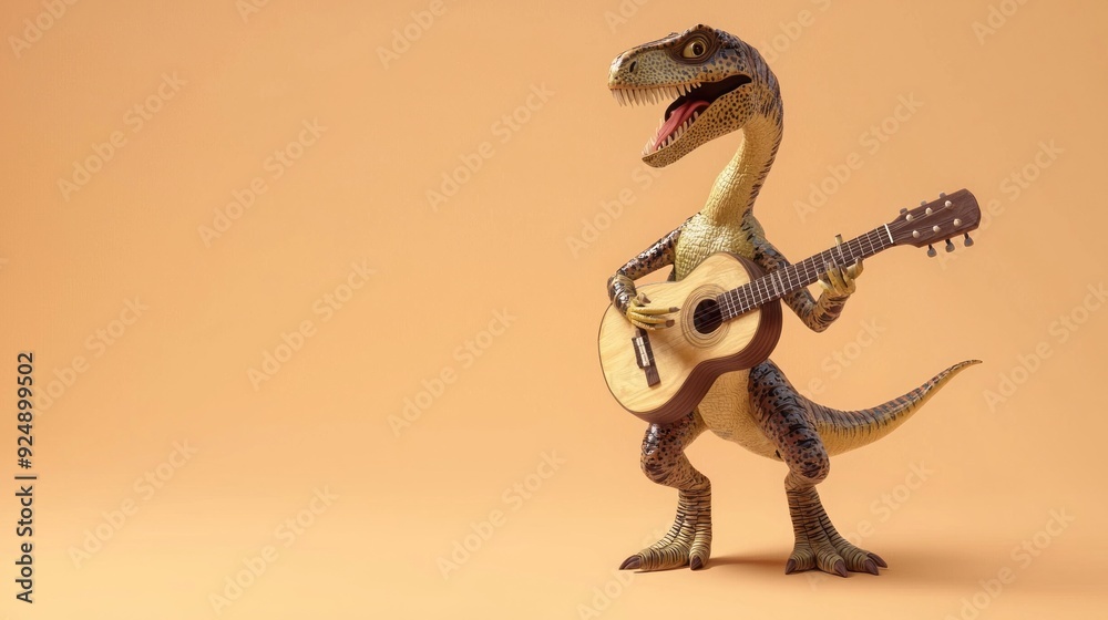 Fototapeta premium Oviraptor dinosaur is happy playing the guitar, isolated on a light orange background