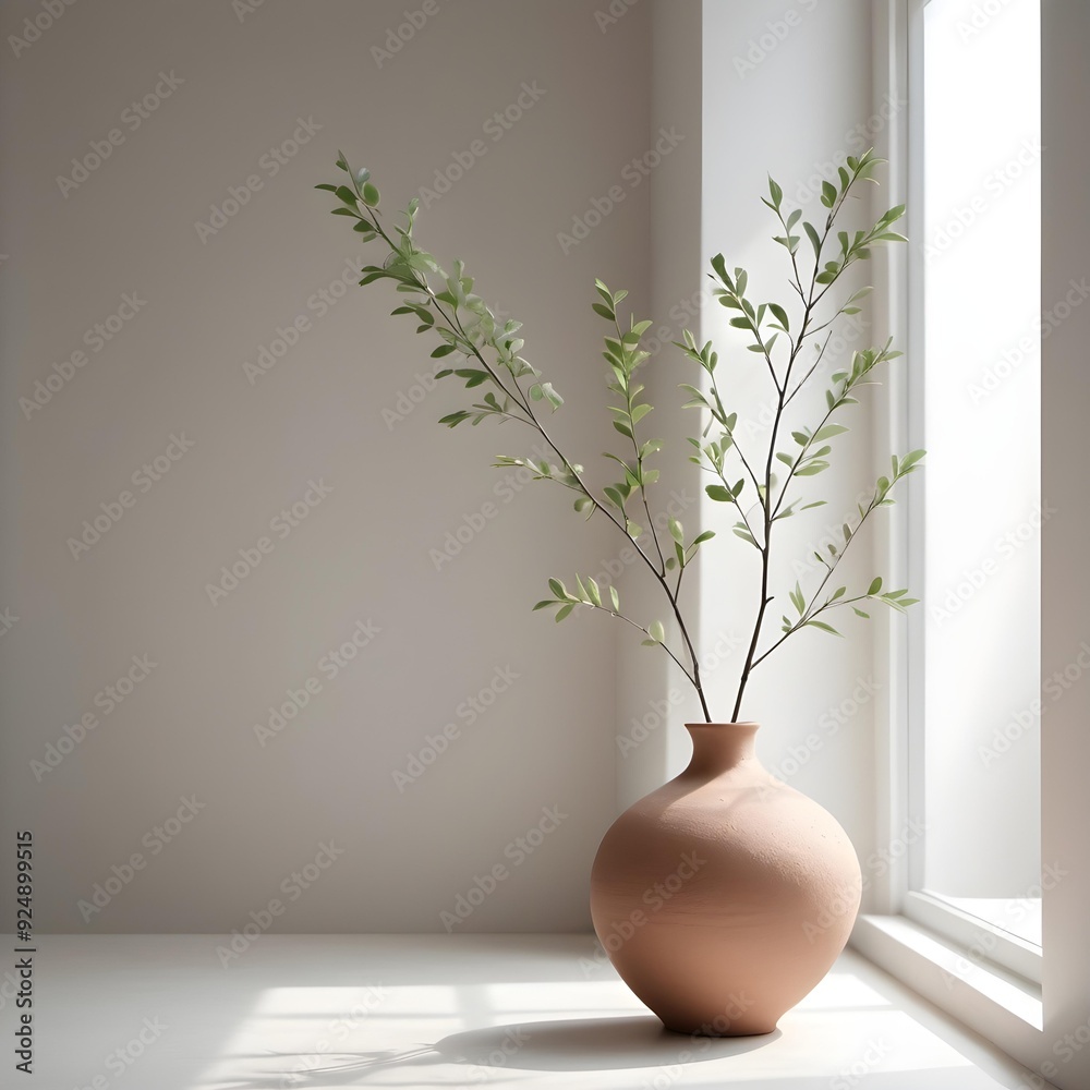 A minimalist interior space bathed in soft natural light, featuring a simple clay vase with delicate green branches 