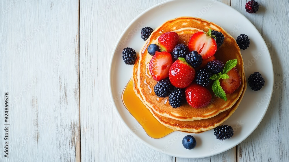 Whole-grain pancakes topped with fresh berries and a drizzle of honey. Top view on a white ceramic plate. Whole-grain pancakes topped with fresh berries and a drizzle of honey. Top view on a white ceramic plate.