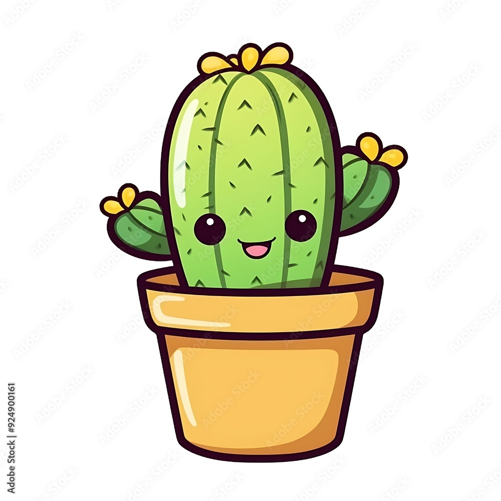 Cute cartoon cactus with flowers in a yellow pot on a simple background Cute cartoon cactus with flowers in a yellow pot on a simple background
