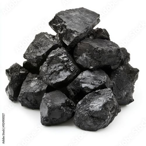 On a transparent background, a pile of black coal is isolated