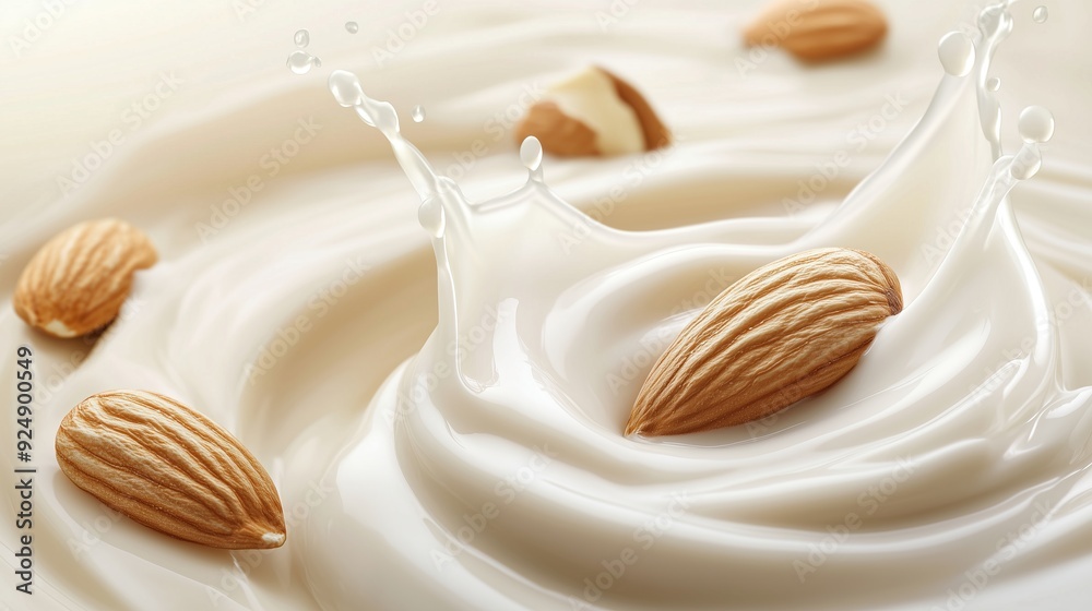 Fresh natural almond milk splash swirl with almonds isolated Fresh natural almond milk splash swirl with almonds isolated