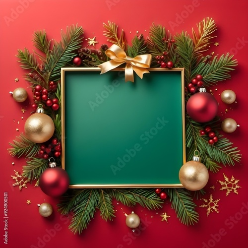 Creative christmas framei on red, green and golden background. Xmas and New Year holiday, banner, postcard, invitation, celebration. Flat lay, top view.  photo