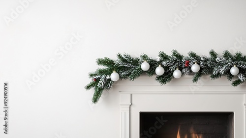 Snowy Christmas garland hanging over a vintage fireplace with a plain background and space for holiday greetings photo