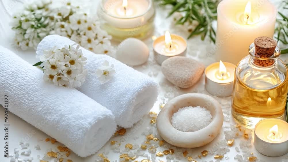 A serene spa arrangement featuring soft towels, essential oils, candles, and floral accents for a calming atmosphere. A serene spa arrangement featuring soft towels, essential oils, candles, and floral accents for a calming atmosphere.