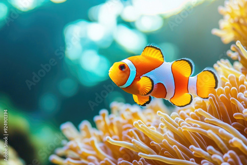 A vibrant clownfish swimming near anemone in a colorful underwater scene.