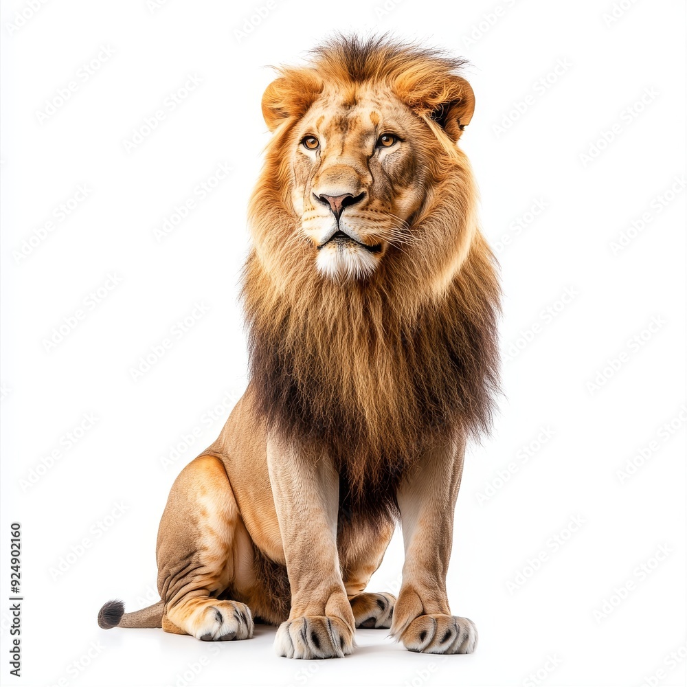 Obraz premium Lion panthera leo sitting on transparent background, full body portrait