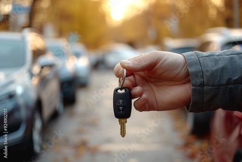 A close-up shot of a used car agent handing over an auto key, with a clear focus on the key and agent’s hand. The blurred backdrop features second-hand vehicles for sale