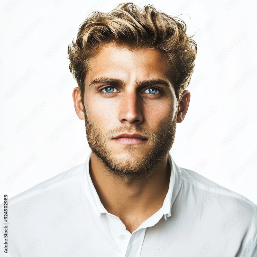 Fototapeta premium Isolated on transparent background, close-up portrait of handsome blonde model looking at camera