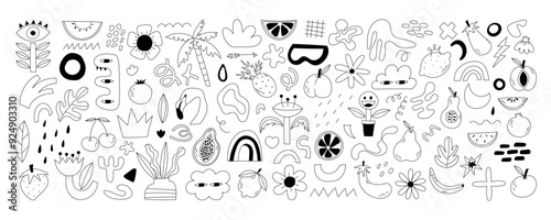 Set of trendy doodle shapes and abstract nature icons on isolated white background. Big collection, fashion elements in freehand childish cartoon style. Includes floral art, shapes, tropical fruits.