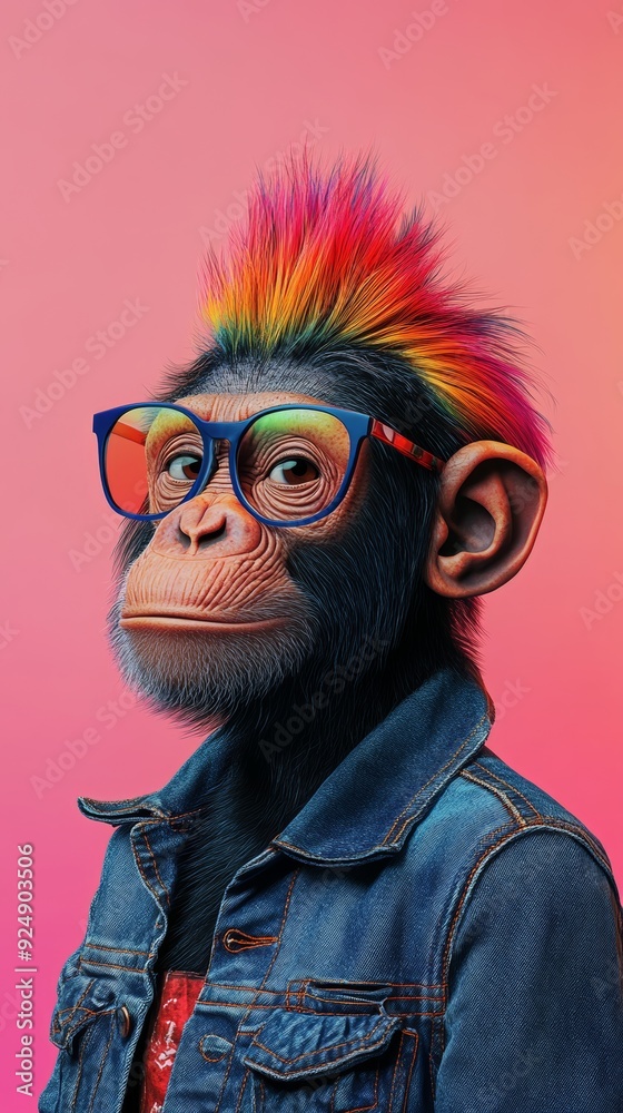 Cool monkey wearing sunglasses and denim jacket with a rainbow mohawk Cool monkey wearing sunglasses and denim jacket with a rainbow mohawk