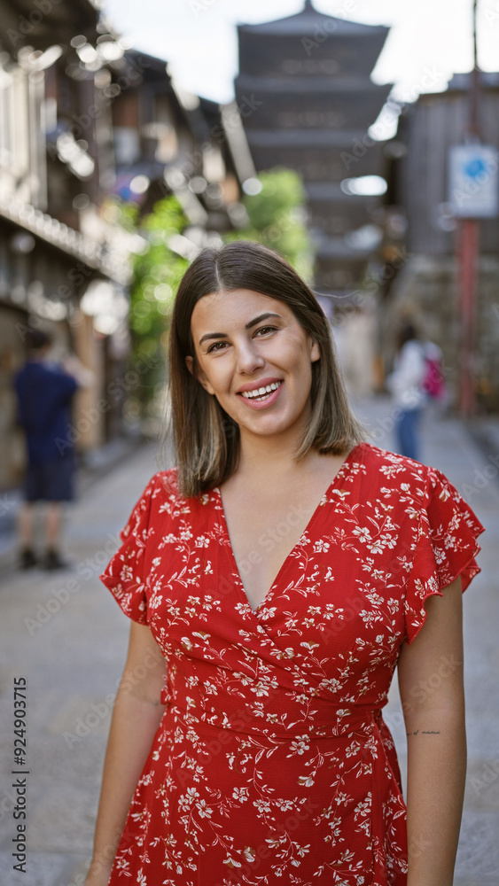 Cheerful, beautiful hispanic woman smiling confidently on kyoto's old gion street, radiating positive emotions and genuine joy while casually posing in front of traditional wooden pagoda. Cheerful, beautiful hispanic woman smiling confidently on kyoto's old gion street, radiating positive emotions and genuine joy while casually posing in front of traditional wooden pagoda.