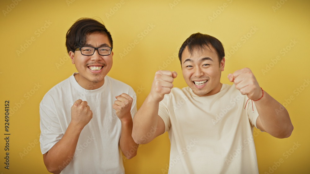 Two joyful asian men celebrating against a bright yellow background, exemplifying friendship and happiness. Two joyful asian men celebrating against a bright yellow background, exemplifying friendship and happiness.