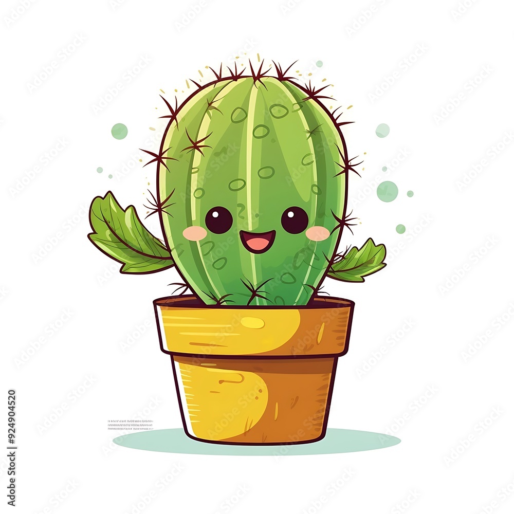 Happy cartoon cactus with green leaves in a terracotta pot, surrounded by cheerful bubbles Happy cartoon cactus with green leaves in a terracotta pot, surrounded by cheerful bubbles