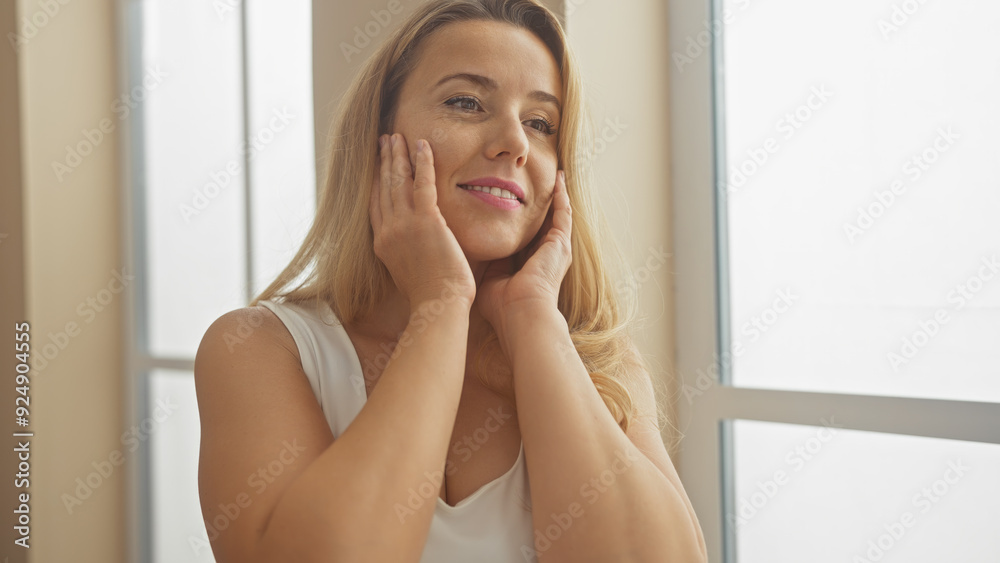 Portrait of a thoughtful, attractive blonde woman indoors, caressed by daylight in her cozy home. Portrait of a thoughtful, attractive blonde woman indoors, caressed by daylight in her cozy home.