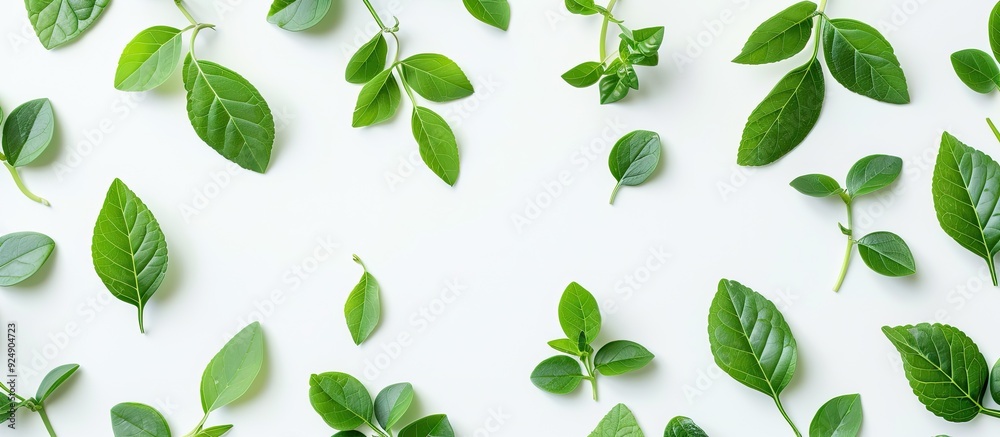 Top view of young green plants and leaves on a white background ideal for copy space images Top view of young green plants and leaves on a white background ideal for copy space images