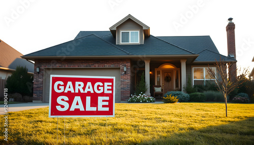 Garage sale sign on the lawn of a suburban home isolated with white highlights, png photo