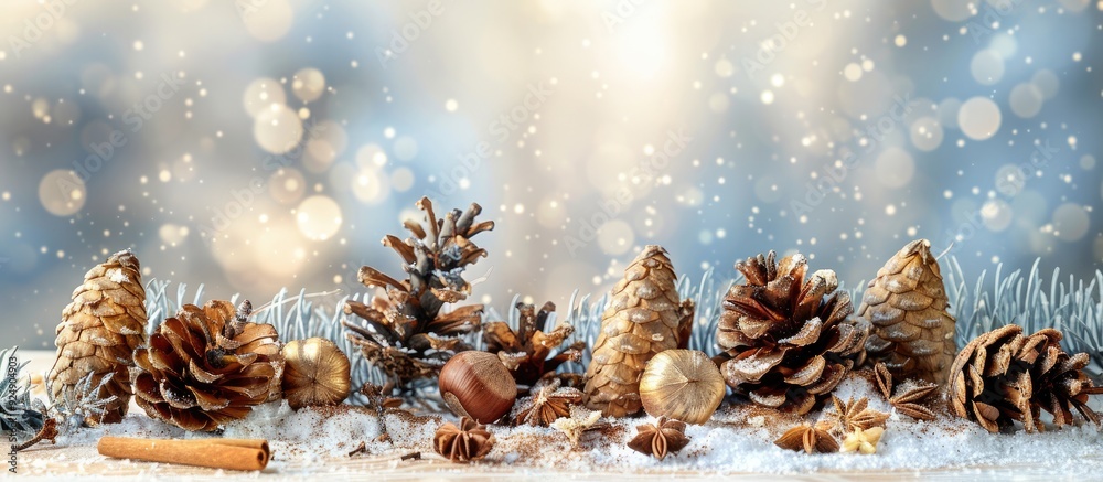 Festive greeting Background for New Year with cones nuts and cinnamon perfect for copy space image Festive greeting Background for New Year with cones nuts and cinnamon perfect for copy space image