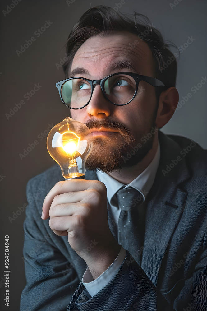 A thoughtful man wearing glasses and a suit holds a glowing lightbulb, symbolizing creativity, new ideas, and innovation in business. A thoughtful man wearing glasses and a suit holds a glowing lightbulb, symbolizing creativity, new ideas, and innovation in business.