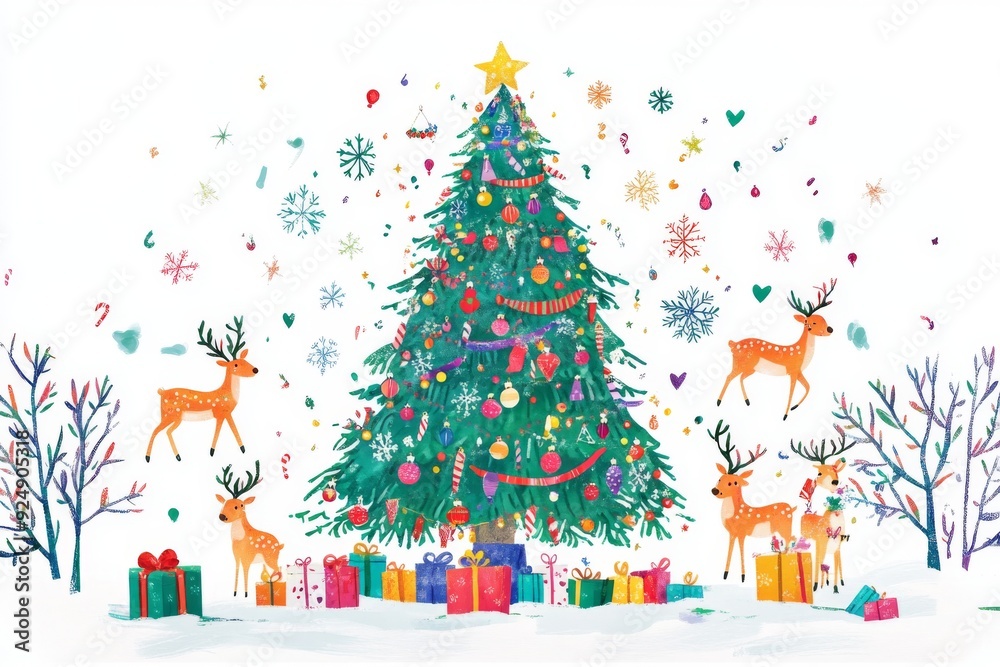 A bright and merry Christmas banner featuring a whimsical scene of animated reindeer and snowflakes dancing around a giant Christmas tree adorned with colorful lights and presents. A bright and merry Christmas banner featuring a whimsical scene of animated reindeer and snowflakes dancing around a giant Christmas tree adorned with colorful lights and presents.
