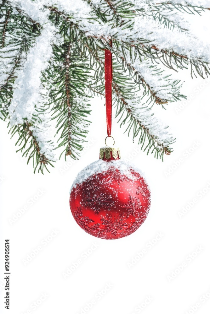 A bright red Christmas ball hangs from a branch of a snow-covered fir tree, surrounded by a winter wonderland scene. A bright red Christmas ball hangs from a branch of a snow-covered fir tree, surrounded by a winter wonderland scene.