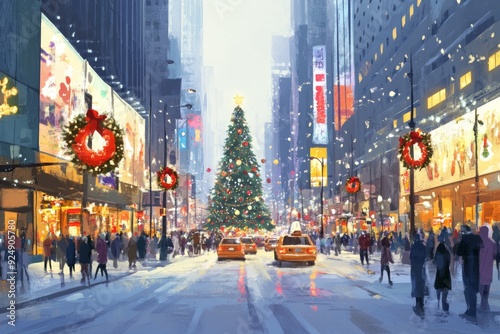 A vibrant city street transforms into a winter wonderland, filled with twinkling lights and festive decorations. The massive Christmas tree stands tall, surrounded by giant wreaths and joyful crowds.