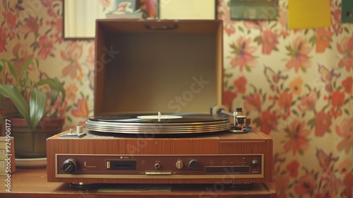 Vintage Phonograph Turntable with Vinyl LP Albums on Seventies Wallpaper Background