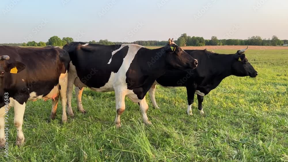 Black and white cows in a field at sunset. Black and white cows in a field at sunset.