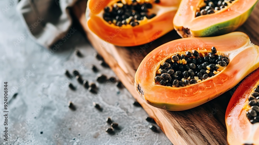 Papaya with Bright Orange Flesh and Black Seeds Halved and Artfully Displayed on Light Wooden Board with Slices Around It Papaya with Bright Orange Flesh and Black Seeds Halved and Artfully Displayed on Light Wooden Board with Slices Around It