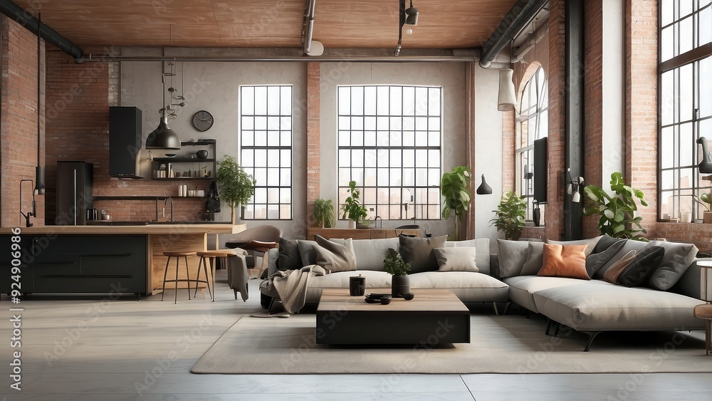 Loft interior living room with an industrial design, rendered in 3D