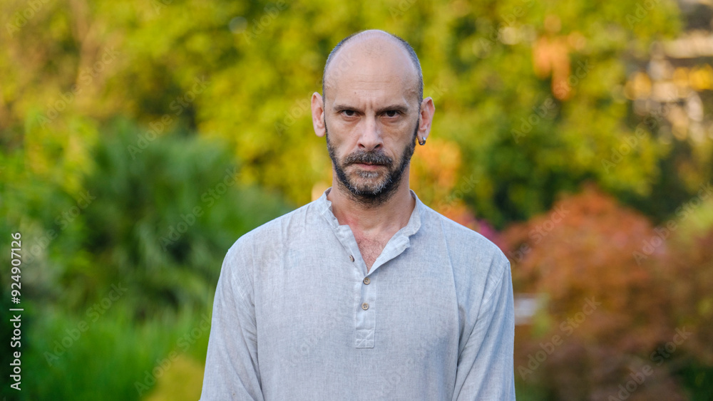 A middle-aged handsome businessman looking angrily at the camera in a tree-lined park on a summer day