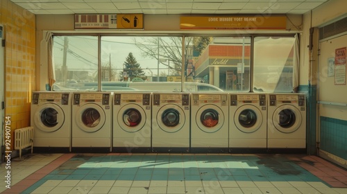 Retro-Style Laundromat with Row of Washing Machines by Large Window

