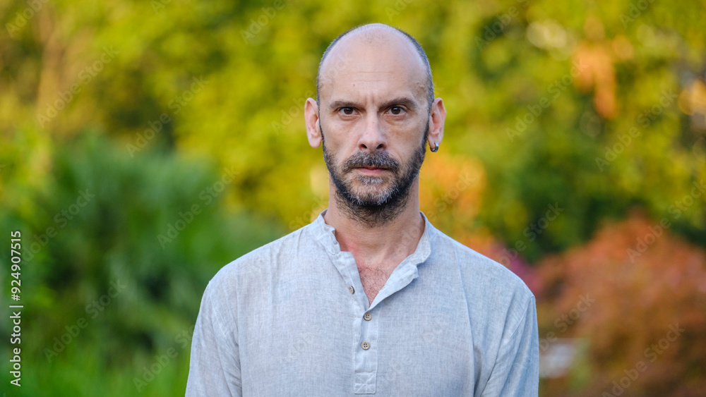 A middle-aged handsome businessman looking angrily at the camera in a tree-lined park on a summer day A middle-aged handsome businessman looking angrily at the camera in a tree-lined park on a summer day