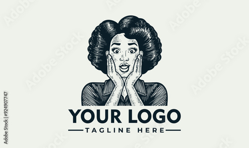 surprised woman expression with open mouth vector logo, wide eyes, hands on face, surprised woman displaying surprised expression, hands on face, perfect for marketing materials, reaction memes