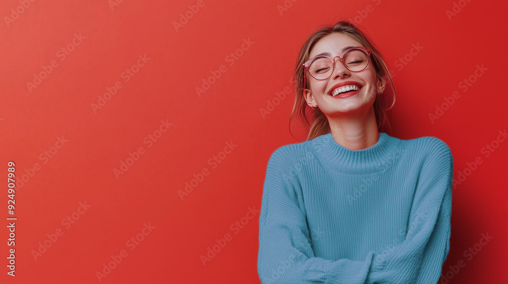 Portrait of a beautiful young woman with glasses, isolated on a red background. smiling confidently with room on the side for a news title or sales post. Portrait of a beautiful young woman with glasses, isolated on a red background. smiling confidently with room on the side for a news title or sales post.