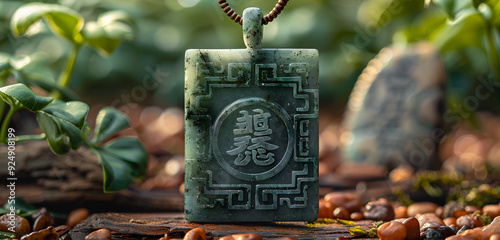 a green stone pendant with a symbol on it photo