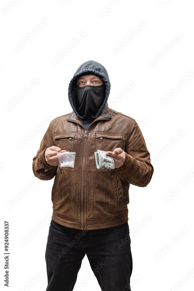 Drug dealer, dangerous hooded criminal man in black mask and brown leather jacket holding transparent plastic bag with drugs and dollar bills, isolated on transparent background Drug dealer, dangerous hooded criminal man in black mask and brown leather jacket holding transparent plastic bag with drugs and dollar bills, isolated on transparent background