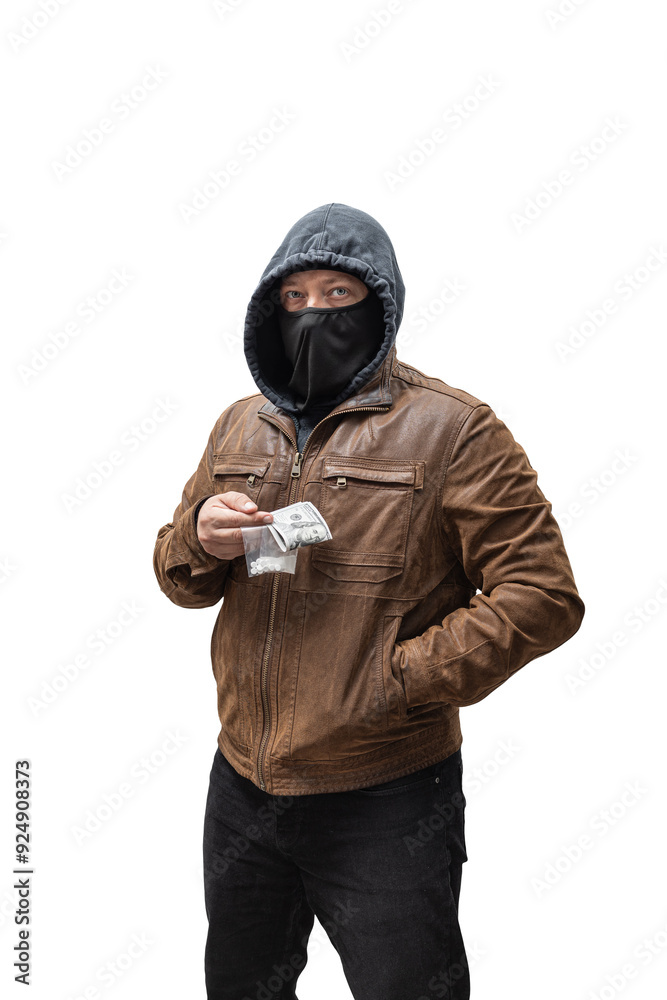 Drug dealer, dangerous hooded criminal man in black mask and brown leather jacket holding transparent plastic bag with drugs and dollar bills, isolated on transparent background Drug dealer, dangerous hooded criminal man in black mask and brown leather jacket holding transparent plastic bag with drugs and dollar bills, isolated on transparent background