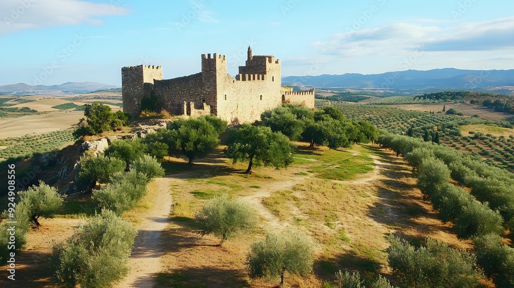 Spanish Hilltop Castle, Olive Groves, Serene Scenery Panorama Spanish Hilltop Castle, Olive Groves, Serene Scenery Panorama