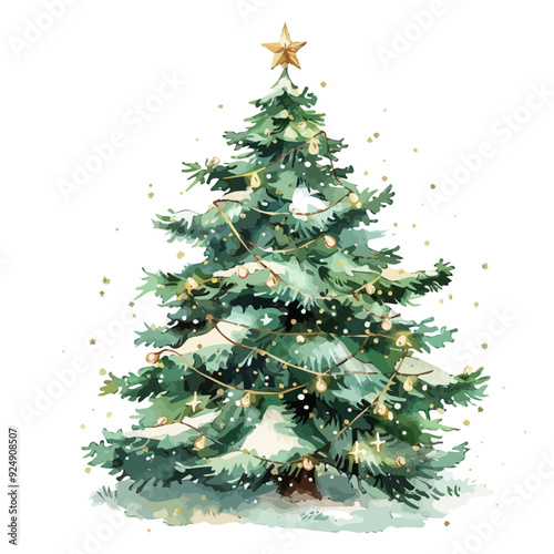 Watercolor clipart vector of Christmas tree, isolated on a white background, Christmas tree, drawing clipart, Illustration Vector, Graphic Painting, design art, logo