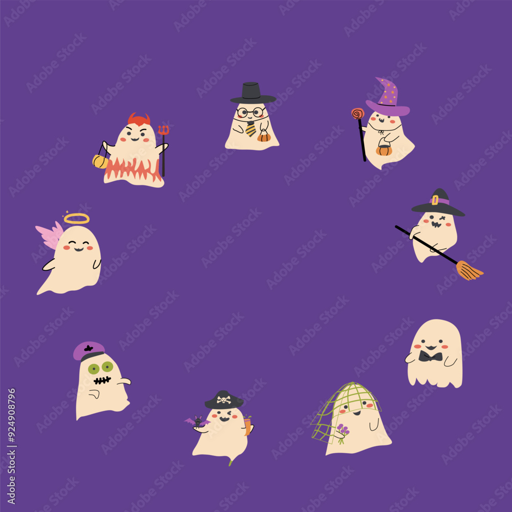 Fototapeta premium Halloween cute frame or border with funny characters, Ghosts in halloween costumes childish design.