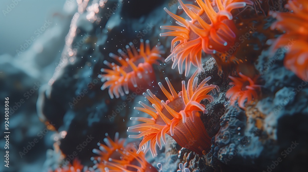 Red underwater flowers grow on the seabed or reef. Marine plants macro photography. Space for text. Red underwater flowers grow on the seabed or reef. Marine plants macro photography. Space for text.