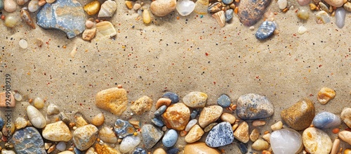 Top view of sand with small multicolored stones offering a natural and serene appearance in a copy space image