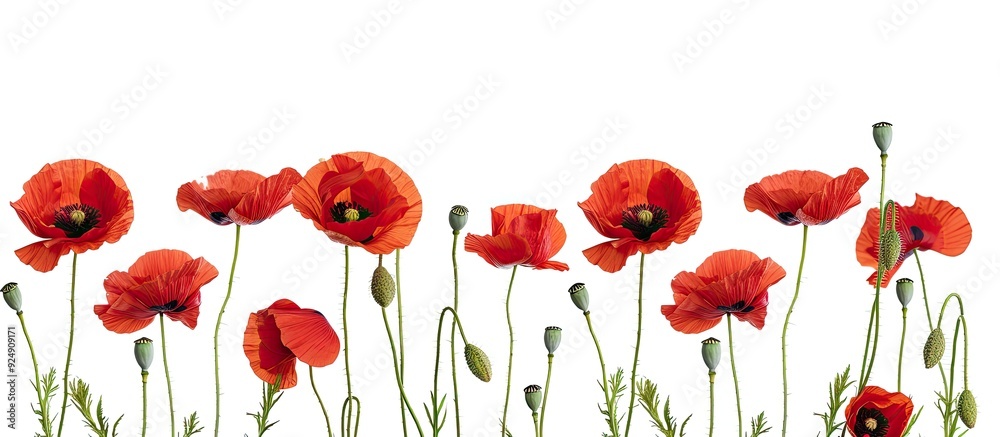 Red poppies also known as common poppy set against a white backdrop with copy space image Red poppies also known as common poppy set against a white backdrop with copy space image