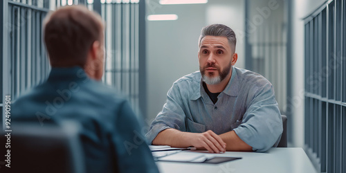 A prison inmate meeting with their defense attorney in a visiting room, discussing legal strategy and next steps. photo