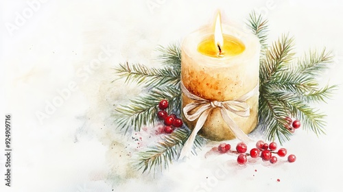 Burning candle with ribbon decorated with pine branches and red berries for christmas holidays watercolor painting