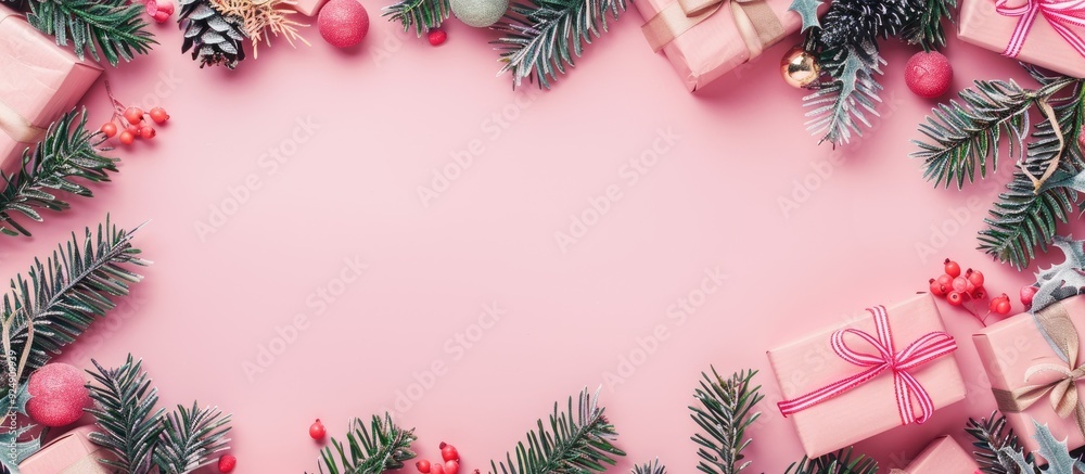 Copy space image featuring a festive banner with Christmas gifts and pine branches on a soft pink background promoting eco friendly holidays Copy space image featuring a festive banner with Christmas gifts and pine branches on a soft pink background promoting eco friendly holidays