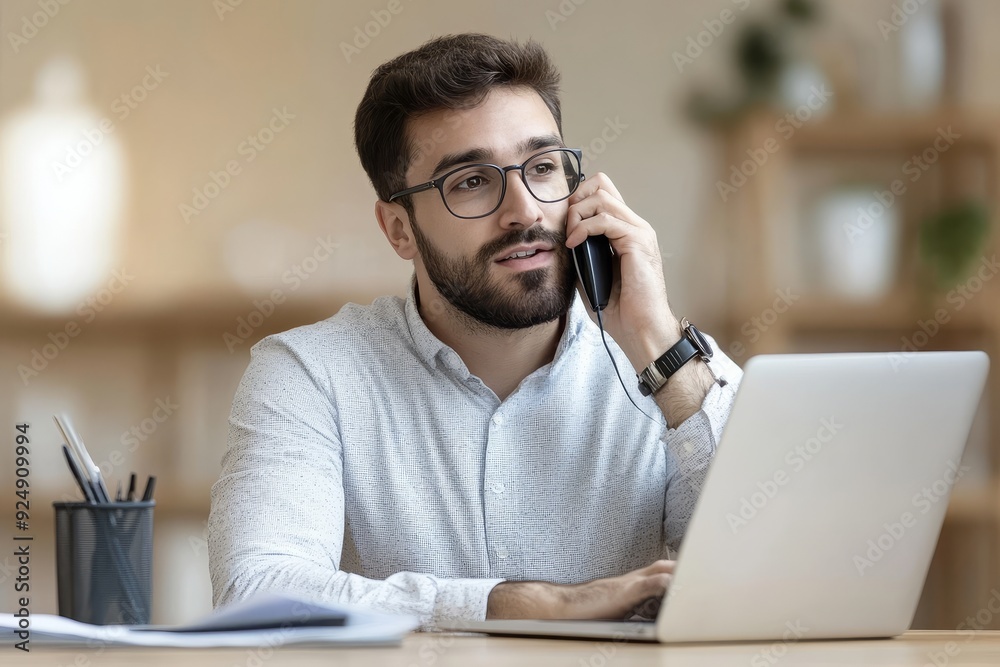 Businessman with eyeglasses working at the desk in a workplace office room or at home looking at computer screen and holding a smartphone while solving business problems. Businessman with eyeglasses working at the desk in a workplace office room or at home looking at computer screen and holding a smartphone while solving business problems.